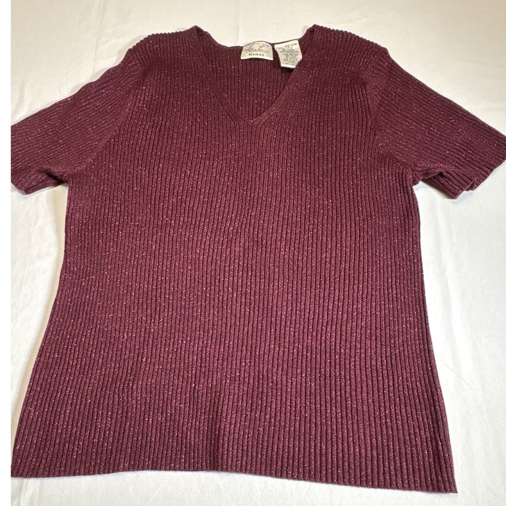 Kathie Lee Woman Burgundy Metallic Ribbed Knit V-Neck Short Sleeve Sweater 18W